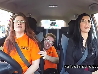Busty babes threesome wide driving school car